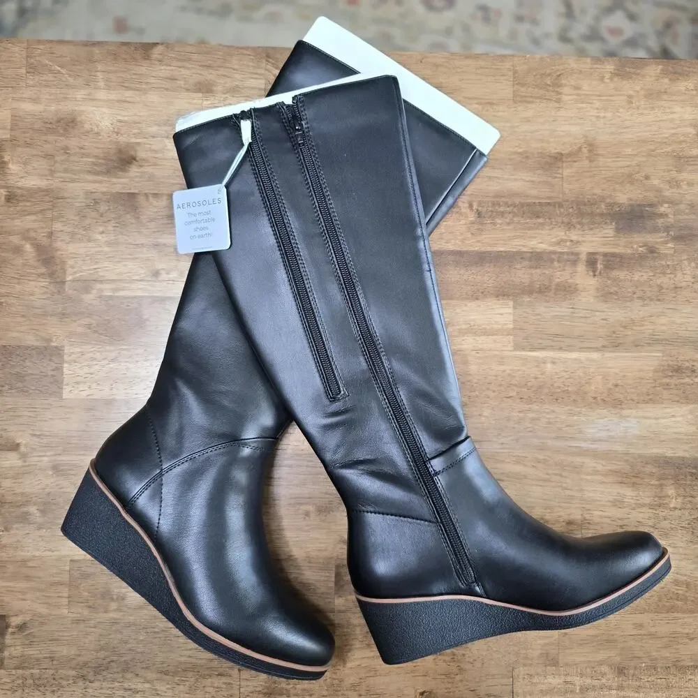 Aerosoles‎ Binocular Knee High Boots Size 7M Black Wedge Heel Women's NEW